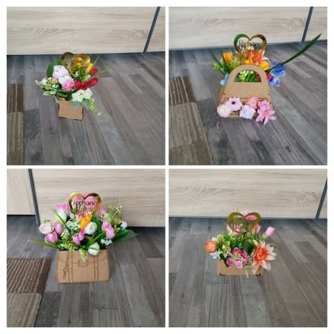 Four views of decorative floral arrangements in wooden boxes with heart-shaped signs on wooden flooring