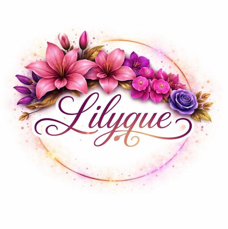 Decorative floral logo with pink and purple flowers surrounding the elegant script text Lilyque in a watercolor circular frame
