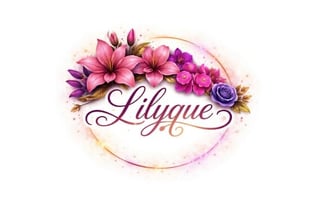 Logo featuring the word Lilyque in cursive script surrounded by pink, purple, and gold flowers in a watercolor circle design